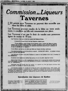 Commission des Liqueurs. Tavernes, annonce tirée du journal Le Canada, vol. 19, no 108, 8 août 1921, p. 7.